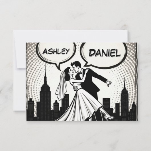 Romantisches Schwarz-Weiß-Comic Hochzeitsbuch RSVP Karte (Rückseite)