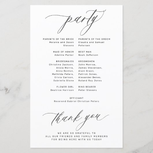 Romantisches Schwarz-Weiß-Hochzeitsprogramm (Rückseite)