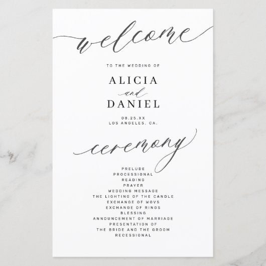 Romantisches Schwarz-Weiß-Hochzeitsprogramm (Vorderseite)