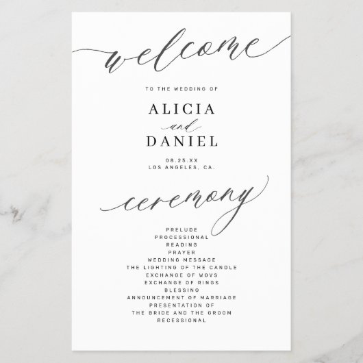 Romantisches Schwarz-Weiß-Hochzeitsprogramm Flyer (Vorne)