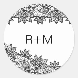 Romantisches Schwarz-Weiß-Spitzen-Hochzeitsmonogra Runder Aufkleber
