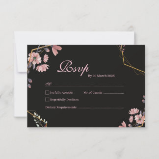 Romantisches schwarzes Blush-Rosa Floral RSVP Karte