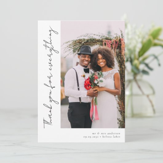 Romantisches Script-Foto Hochzeit Dankeskarte (Stehend Vorderseite)
