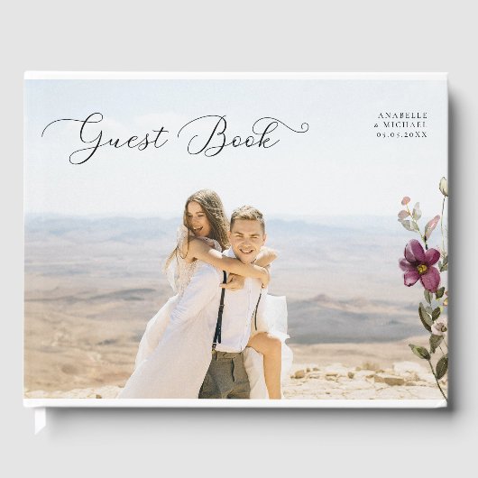 Romantisches Script Foto & Wildblumen Elfenbeinhoc Gästebuch (Vorderseite)