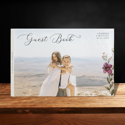 Romantisches Script Foto & Wildblumen Elfenbeinhoc Gästebuch