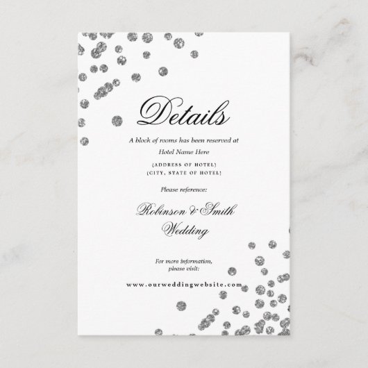 Romantisches Script Silver Confetti Wedding Detail Begleitkarte (Vorderseite)