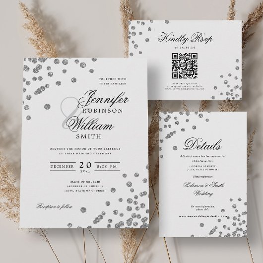 Romantisches Script Silver Confetti Wedding Detail Begleitkarte
