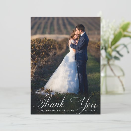 Romantisches Script Wedding 2 Foto Dankeskarte (Stehend Vorderseite)