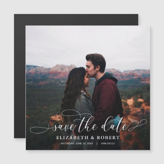 Romantisches Script Wedding Foto Save the Date Magnetkarte (Vorne/Hinten)