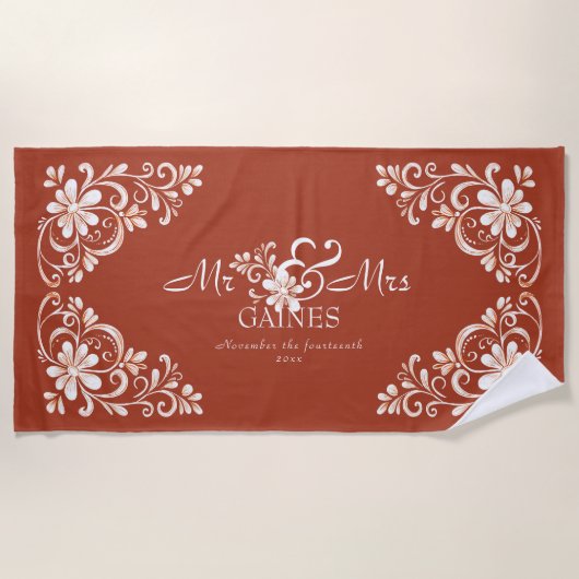 Romantisches Shabby-Chic-Rot-Rost Mr Mrs Frischver Strandtuch (Vorderseite)