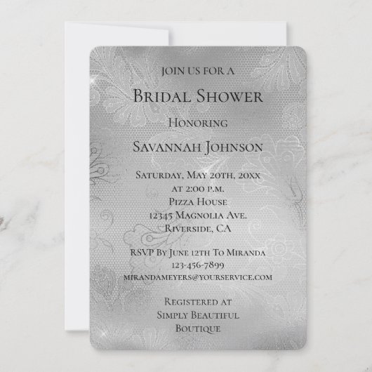 Romantisches Silver Floral Lace Brautparty Einladung (Vorderseite)