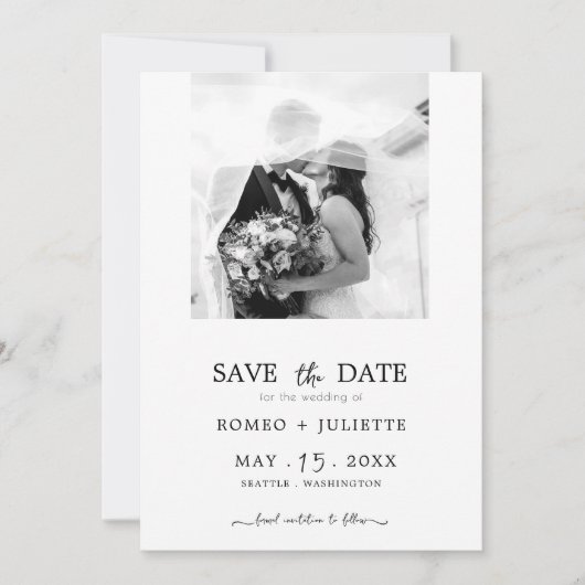 Romantisches Simple Black&White Foto Save the Date (Vorderseite)