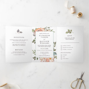 Romantisches Sketchbook Florals All-in-One Hochzei Dreifach Gefaltete Einladung