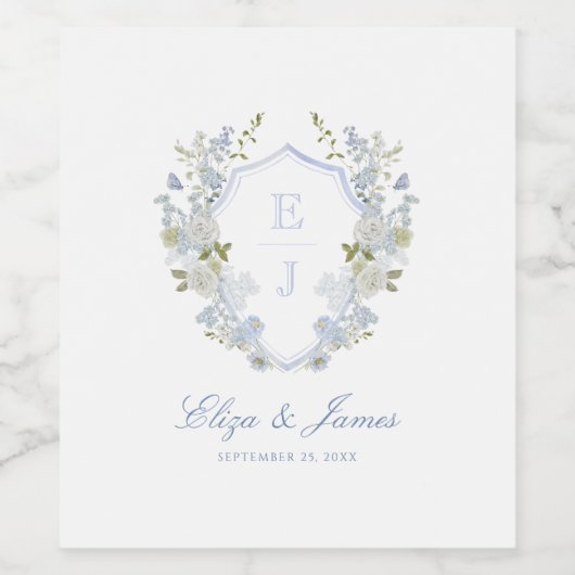 Romantisches Soft Blue Monogram Wappen Wedding Weinetikett (Einzelnes Label)