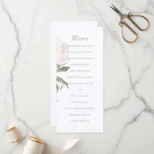 Romantisches Soft Blush Pfingstrosen-Hochzeitsmenü Programm (Vorderseite/Rückseite Beispiel)