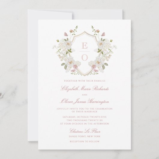 Romantisches Soft Blush White Monogram Wappen Hoch Einladung (Vorderseite)