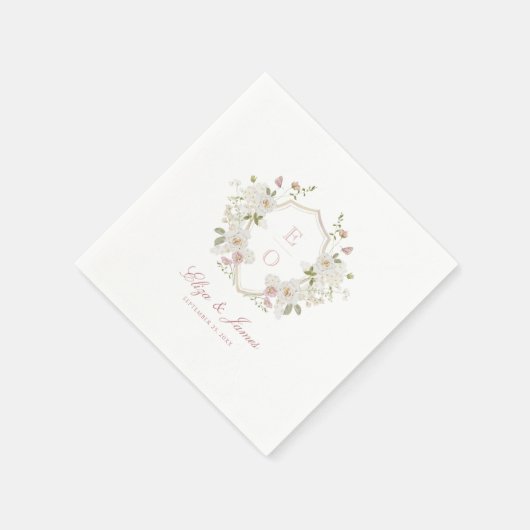 Romantisches Soft Blush White Monogram Wappen Hoch Serviette (Ecke)