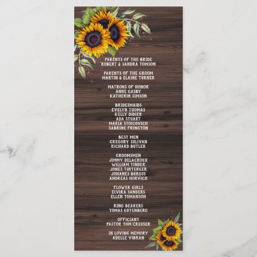 Romantisches Sonnenblumen-Hochzeitsprogramm Programm (Rückseite)