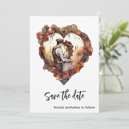 Romantisches Steampunk-Hochzeitsherz Save The Date (Stehend Vorderseite)