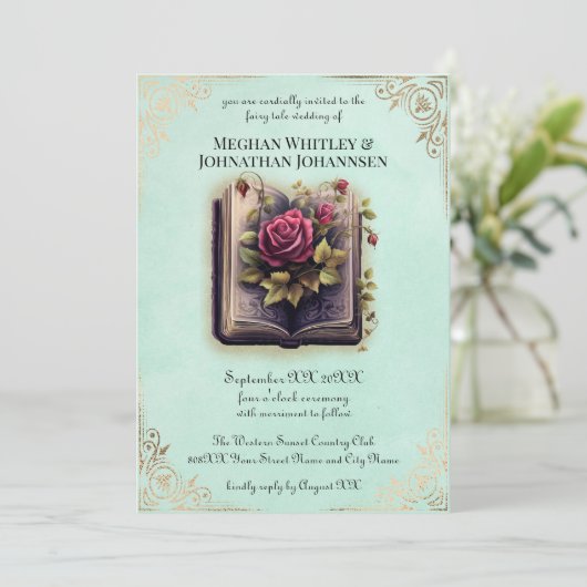 Romantisches Storybook Fairy Tale Wedding auf Aqua Einladung (Stehend Vorderseite)