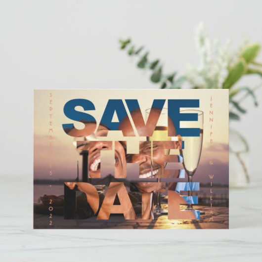 Romantisches Sunset Champagne Flutes Foto Hochzeit Save The Date (Stehend Vorderseite)