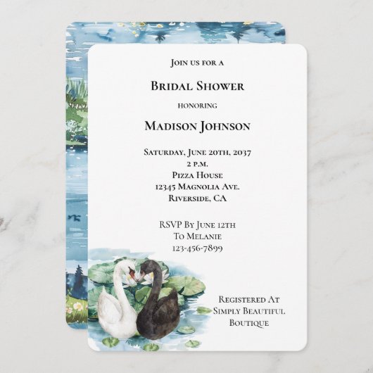 Romantisches Swans Lake Water Lilies Brautparty Einladung (Vorne/Hinten)