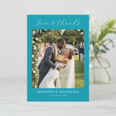Romantisches Teal-Blumen-Foto Dankeskarte (Stehend Vorderseite)