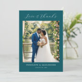 Romantisches Teal-Blumen-Foto Dankeskarte (Stehend Vorderseite)