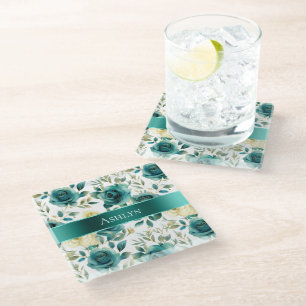 Romantisches Teal Grün Creme Rosen Blumenmuster Glasuntersetzer