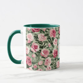 Romantisches Teal Grün Pink Rosen Florales Monogra Tasse
