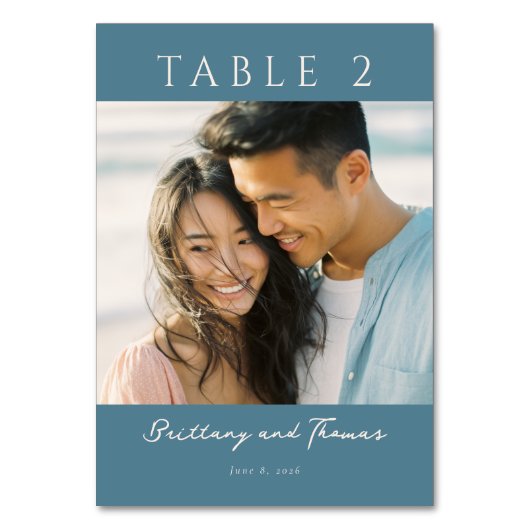 Romantisches Teal-Minimalist-Foto Tischnummer (Vorderseite)