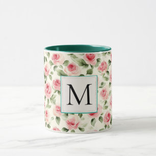 Romantisches Teal-Rosa-Rosen-Blumen-Monogramm Tasse