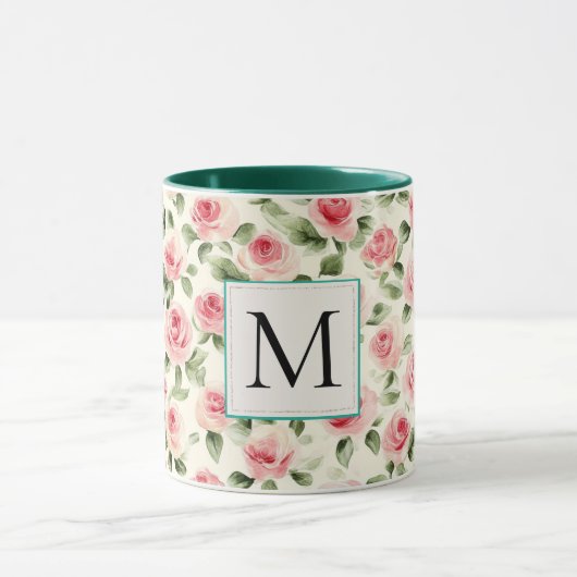 Romantisches Teal-Rosa-Rosen-Blumen-Monogramm Tasse (Zentrum)