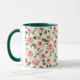 Romantisches Teal-Rosa-Rosen-Blumen-Monogramm Tasse