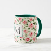 Romantisches Teal-Rosa-Rosen-Blumen-Monogramm Tasse (VorderseiteRechts)