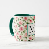 Romantisches Teal-Rosa-Rosen-Blumen-Monogramm Tasse (Vorderseite Links)
