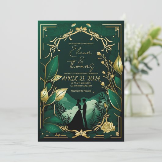 Romantisches Thema in Grün und Gold. Einladung (Stehend Vorderseite)