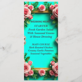 Romantisches Türkis Rosa Rosen Hochzeitsdinner 🌸 Menükarte