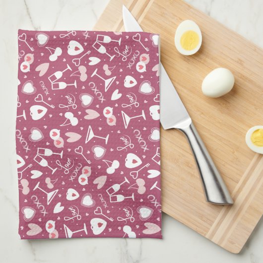 Romantisches Valentinstag Liebe Muster Dunkelrosa Geschirrtuch (Viertel Falte)