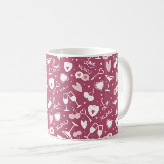 Romantisches Valentinstag Liebe Muster Dunkelrosa Kaffeetasse (VorderseiteRechts)