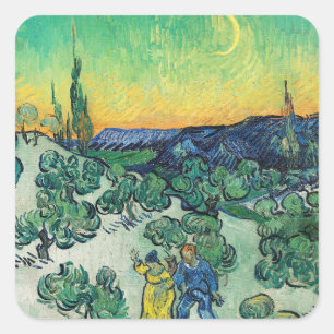 Romantisches Van-Gogh-Paar unter dem Mond wandelt Quadratischer Aufkleber