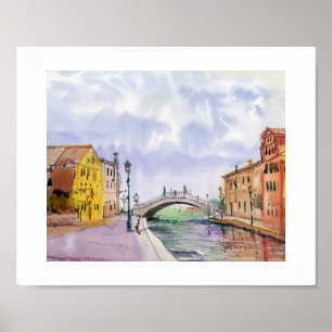 Romantisches Venedig Aquarell – Blick auf die Brüc Poster