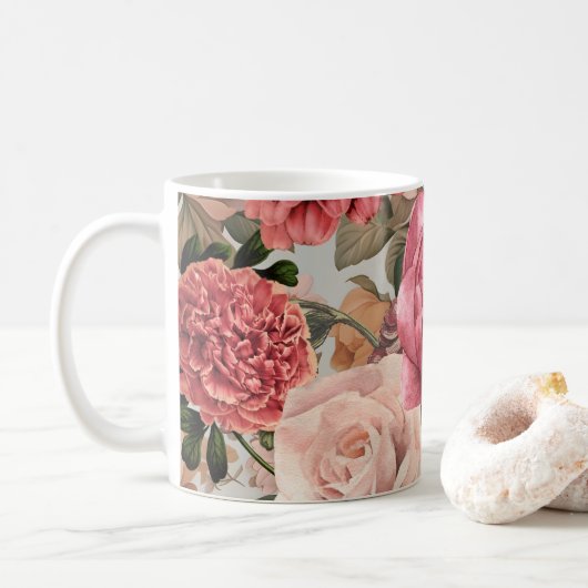 Romantisches, vintage botanisches Blumenmuster Kaffeetasse (Mit Donut)