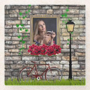 Romantisches Vintage-Fahrrad-Blumenfoto für sie Glasuntersetzer