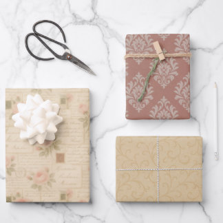 Romantisches Vintages Letter & Damask 3-Blatt-Set Geschenkpapier Set