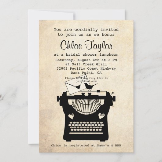 Romantisches Vintages Schreibmaschinen-Brautparty Einladung (Vorderseite)