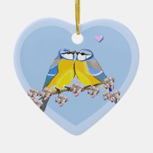 Romantisches Vogelpaar, Cyanistes Caeruleus Keramik Ornament (Vorne)