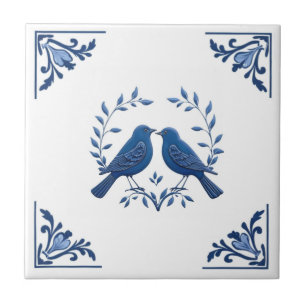 Romantisches Vogelpaar Delft Blau Weiße Blumenecke Fliese