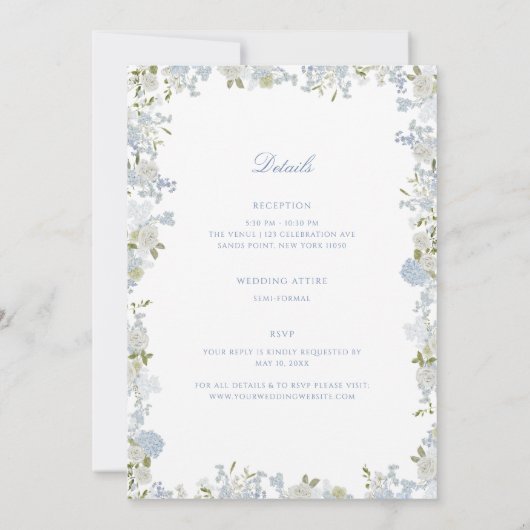 Romantisches Wappen mit blauer Blüte Einladung (Rückseite)