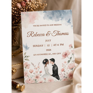 Romantisches Wasserfarben-Paar & Florale Hochzeit  Einladung
